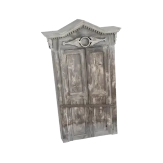 Modelo 3D de mueble antiguo de madera con doble puerta y remate tallado ornamentado, renderizado sobre fondo negro.