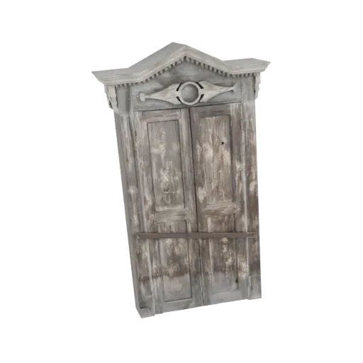 3D model of an antique wooden cabinet with double doors and an ornate, carved top, rendered against a black background.