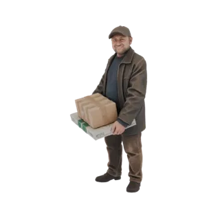 Modèle 3D d'un livreur souriant portant une casquette et une veste, tenant deux colis en carton.