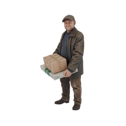 Modello 3D di un sorridente fattorino con berretto e giacca, che tiene due pacchi di cartone.