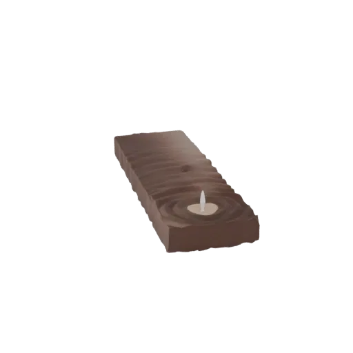 3D model of a rustic wooden candle holder with a lit candle and ripple effects on the wood surface.
