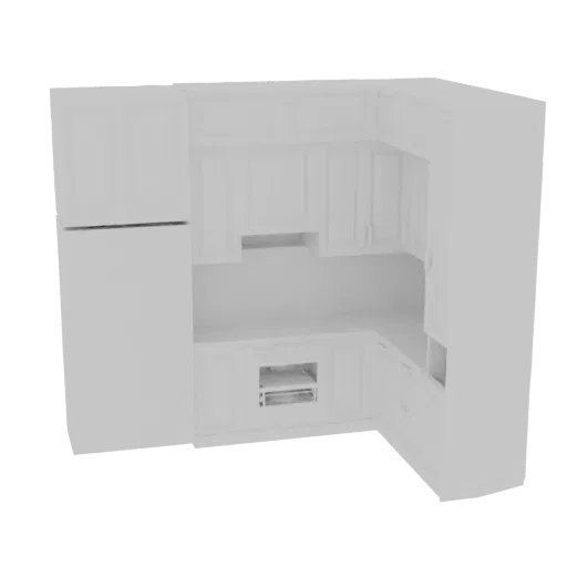 Modelo 3D de um conjunto de cozinha branca moderna com frigorífico, armários e forno, visto de um ângulo ligeiramente elevado