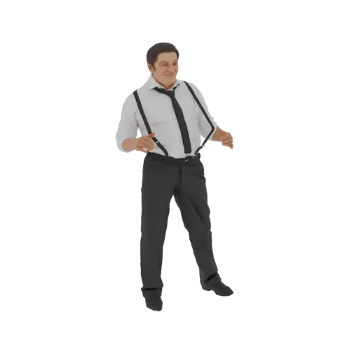 3D model of a man wearing a white shirt, black tie, and dark suspenders, with his hands on the suspenders.