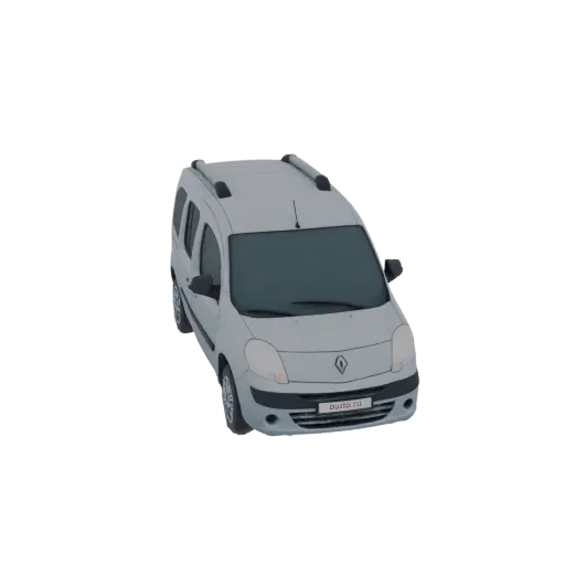 Top-down view of a 3D model of a light gray Renault Kangoo van with roof rails and a license plate.