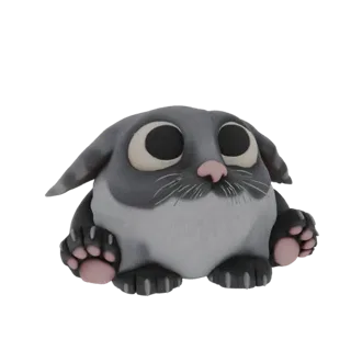 A 3D render of a cute, chubby gray cat with very large, dark eyes and pink paw pads, sitting and looking forward.