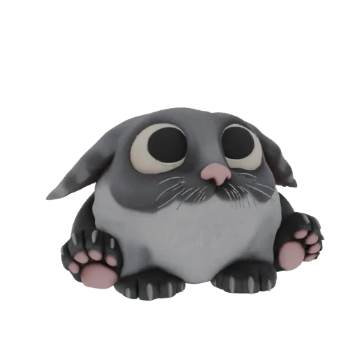 A 3D render of a cute, chubby gray cat with very large, dark eyes and pink paw pads, sitting and looking forward.
