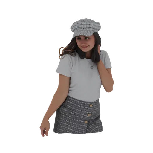 3D model of a young woman wearing a grey plaid beret, light grey t-shirt, and a grey plaid skirt, posing with her hand on her