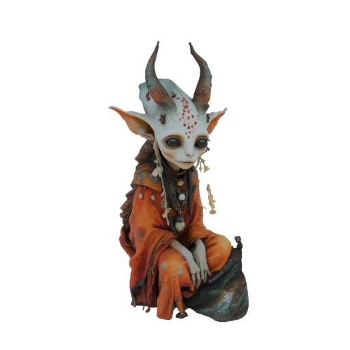 3D model of a mystical forest sprite with large eyes, orange robe, and small horns, sitting calmly.