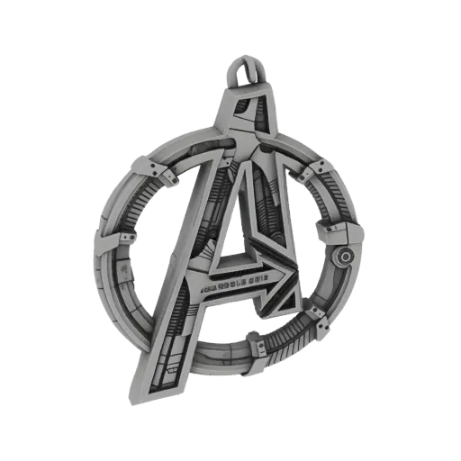 3D model render of the Avengers logo, depicted as a metallic pendant with intricate mechanical details, against a black background.