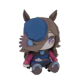 A 3D render of a cute chibi horse girl plush toy sitting down, wearing a blue hat and a pink and blue outfit.