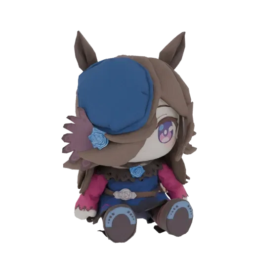 Ein 3D-Render eines niedlichen Chibi Pferde-Mädchen Plüschtiers, sitzend, mit blauem Hut und pink-blauem Outfit.