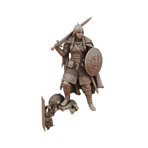 3D model of a fierce Viking warrior woman holding a sword and shield, standing on a rocky base.