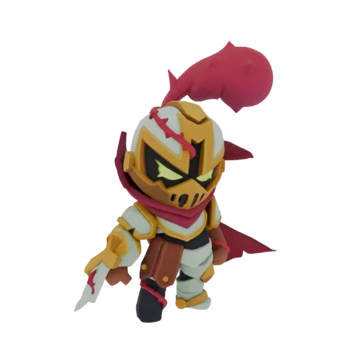 3D model of a chibi knight warrior with golden armor, red cape, and a cracked helmet, holding a sword.