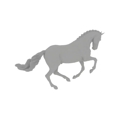 A 3D model of a grey horse in a dynamic galloping pose, with its mane and tail flowing.
