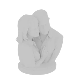 3D model of a romantic couple embracing, with the woman leaning her head on the man's shoulder and their hands intertwined.