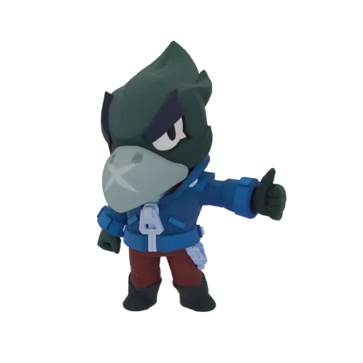 3D-Modell des Charakters Crow aus Brawl Stars, dargestellt mit dunkelgrünem Kopf und Schnabel, blauer Jacke und roter Hose, m