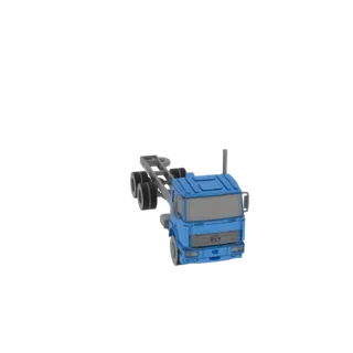 A 3D render of a blue truck chassis with a detailed cab and exposed frame, viewed from a slightly elevated front-right angle.