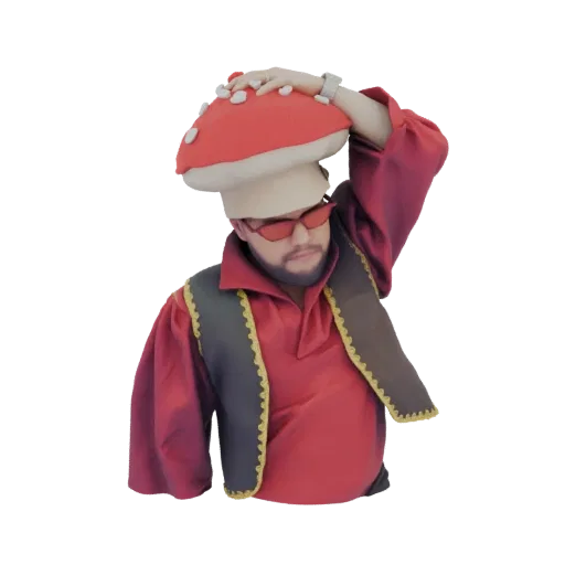 3D model render of a man with a beard wearing red sunglasses and a large red and white mushroom cap as a hat, dressed in a burgundy outfit.