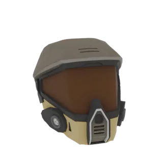 3D model of a futuristic tactical helmet with a brown tinted visor and tan and grey plating, against a black background.