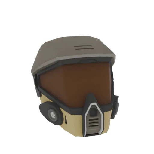 3D model of a futuristic tactical helmet with a brown tinted visor and tan and grey plating, against a black background.