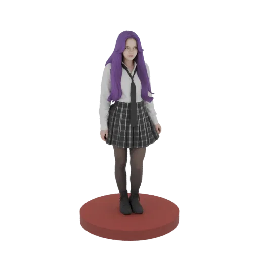 3D model of an anime schoolgirl with purple hair, wearing a school uniform and standing on a red base.