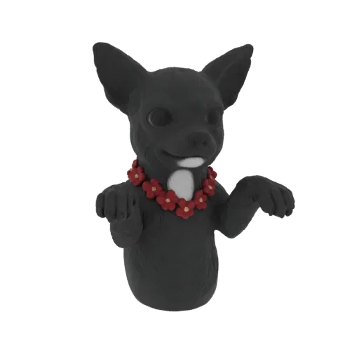 3D model of a black Chihuahua wearing a red flower lei, with its paws slightly raised.