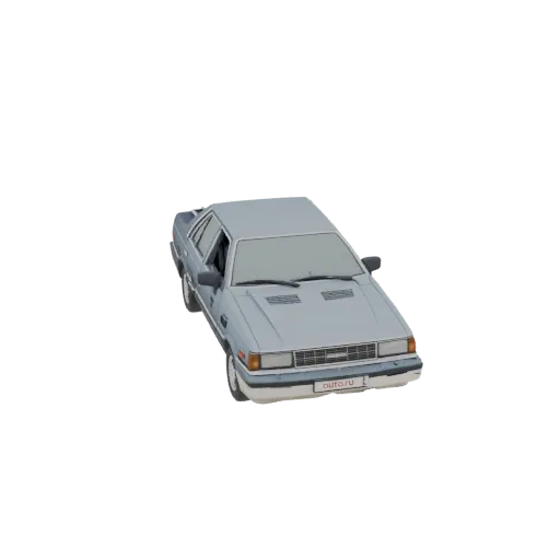 Top-down view of a 3D model of a light blue 1980s Nissan Sunny sedan.