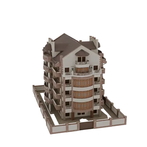 Modelo 3D de edifício de apartamentos moderno com múltiplas varandas, fachada curva e cerca circundante, visto de um leve âng