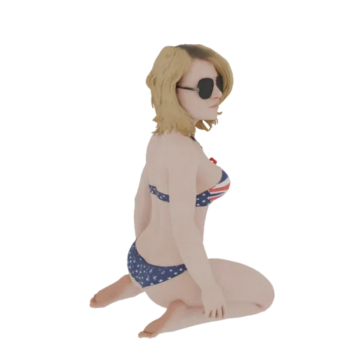 3D-Modell einer blonden Frau in einem Bikini mit US-Flagge und Sonnenbrille, kniend auf weißem Hintergrund.