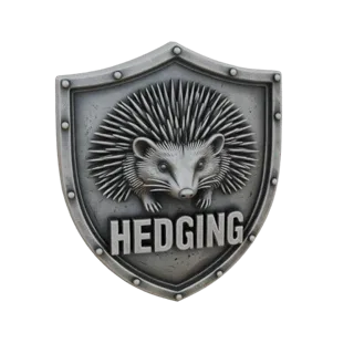 3D model of a metallic shield with a hedgehog and the word HEDGING