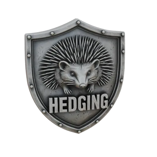 3D model of a metallic shield with a hedgehog and the word HEDGING