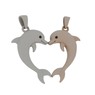 Modèle 3D de deux dauphins stylisés formant un cœur, un dauphin de couleur gris clair et l'autre de couleur beige clair.