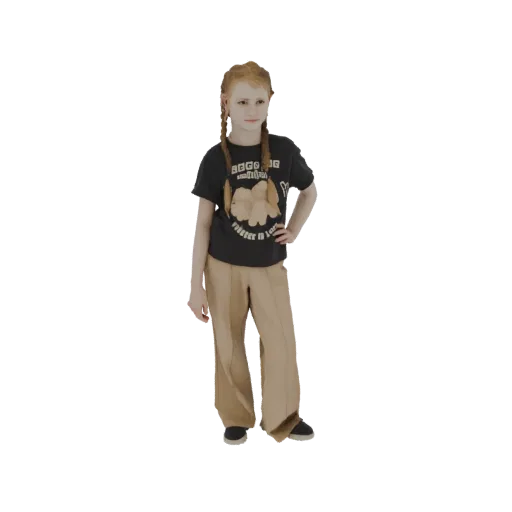 3D model of a young girl with blonde braided hair, wearing a black t-shirt and tan pants, standing with one hand on her hip.