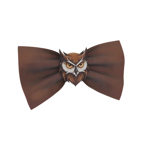 3D model of a brown bow tie with a detailed owl face in the center, against a black background.