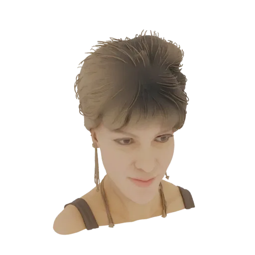 3D model render of a woman with short, tousled blonde hair, looking slightly down, wearing dangling earrings.