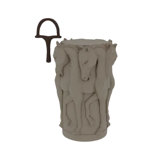 3D render of a classical cylinder with horse head reliefs and a separate bridle accessory, presented on a black background.