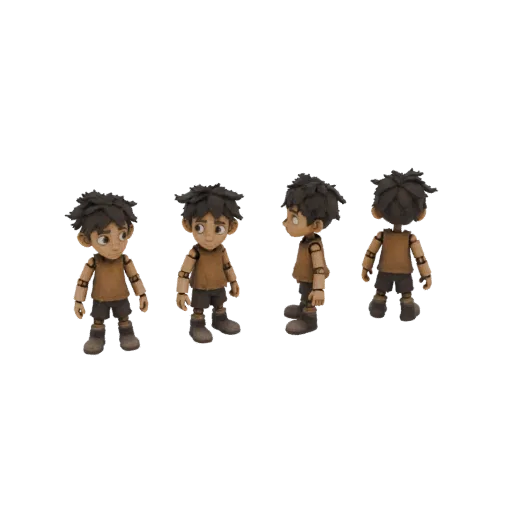 Modèle 3D de marionnette garçon articulée aux cheveux et vêtements bruns, vu sous plusieurs angles.