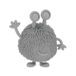 A 3D render of a gray, fluffy monster with two large eyes on stalks, waving one arm and smiling.
