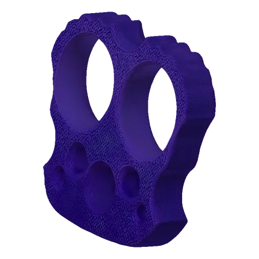 A 3D render of a pair of brass knuckles, colored deep purple with a visible woven texture, against a black background.