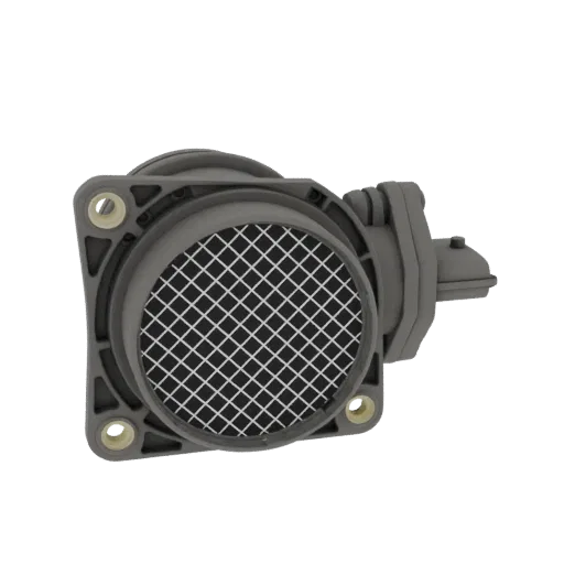 3D model of a gray automotive mass air flow sensor with a white grid and electrical connector, isolated on a white background