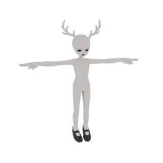 3D model of a pale, slender humanoid figure with large dark eyes and prominent deer antlers, standing in a T-pose with arms o