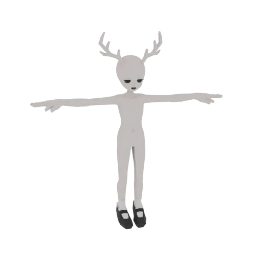 3D model of a pale, slender humanoid figure with large dark eyes and prominent deer antlers, standing in a T-pose with arms o