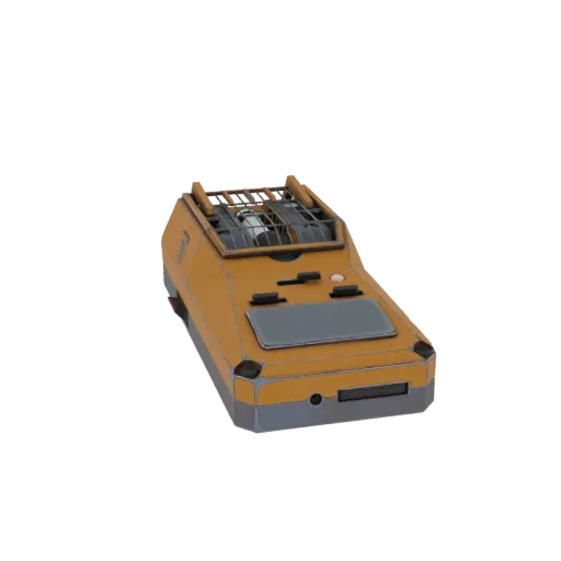 Un rendering 3D di un futuristico scanner portatile arancione e grigio con una griglia protettiva sui suoi componenti interni