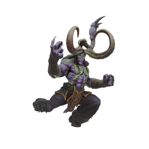 3D model of Illidan Stormrage in a dynamic combat pose, featuring purple skin, green markings, and large horns.