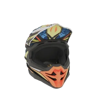 3D model of a motocross helmet with abstract yellow, blue, and orange graphics, featuring an aggressive design and chin guard