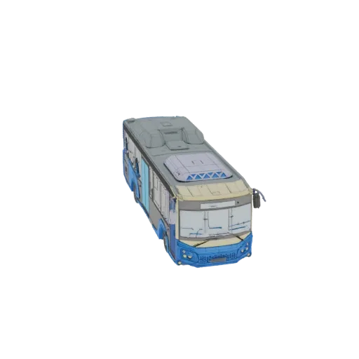 3D model of a modern blue and grey city bus with large windows, viewed from a slightly elevated angle.