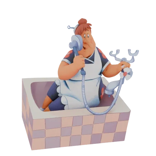 3D model of a cartoon maid with brown hair, wearing a blue and white uniform, sitting in a pink and purple checkered bathtub and holding a blue shower head.
