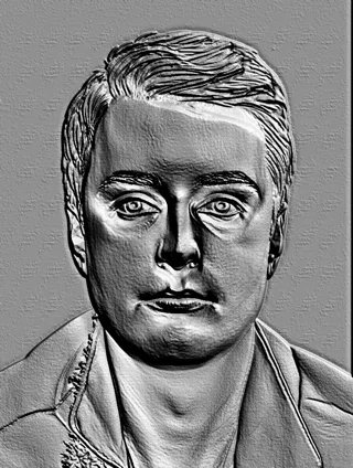 3D-Modell eines Mannes im Sakko als Flachrelief, im monochromen Stil, mit Fokus auf Gesichts- und Kleidungsdetails.