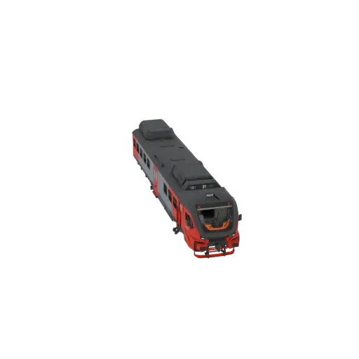 Un modello 3D di un treno elettrico moderno, prevalentemente rosso con accenti grigi, visto da un'angolazione leggermente ele