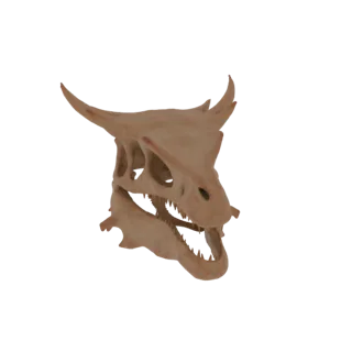 Una renderización 3D de un cráneo de dinosaurio Styracosaurus, mostrando su volante óseo y prominente cuerno nasal sobre un f